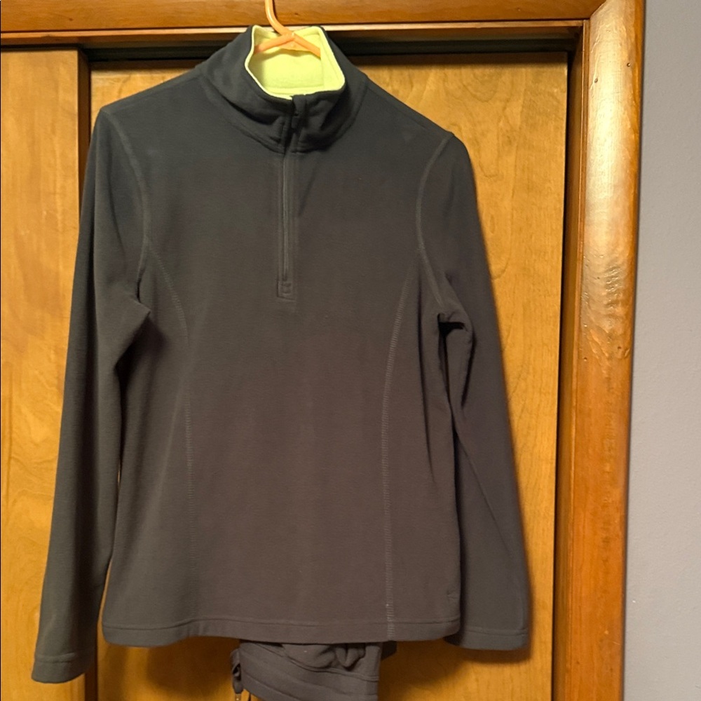 Women’s Gray Quarter-Zip Sweater and sweatpants.
